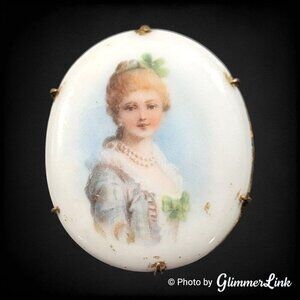 Antique Victorian Porcelain Miniature Portrait Brooch Lady Transferware C Clasp